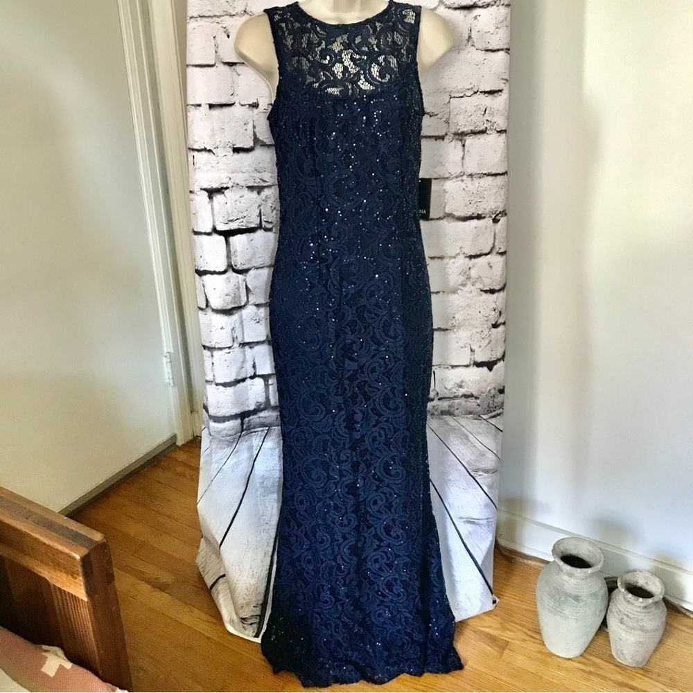 MARINA Navy Illusion Yoke Lace Formal Prom Gown Sequin Dress Size 8 NEW WITH TAG